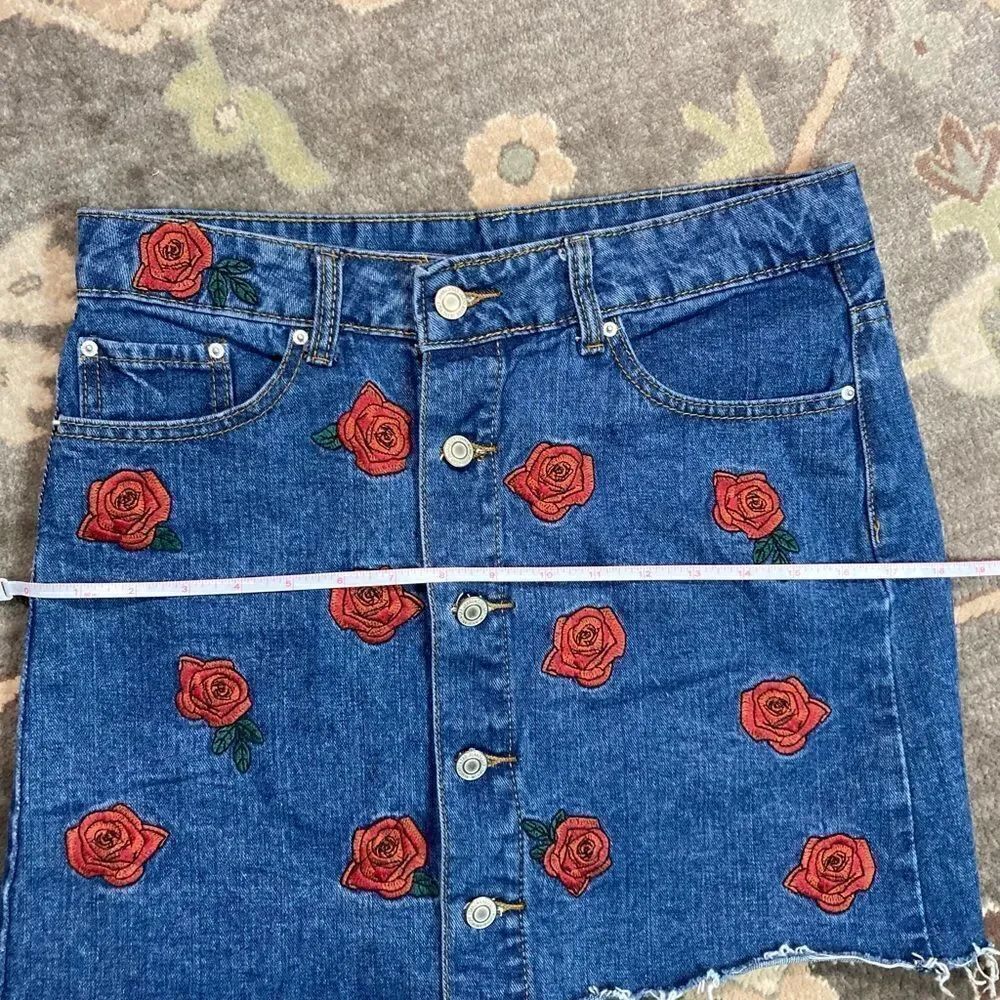 Denim Distressed Rose Embroidered Button Down Skirt - Picture 13 of 15